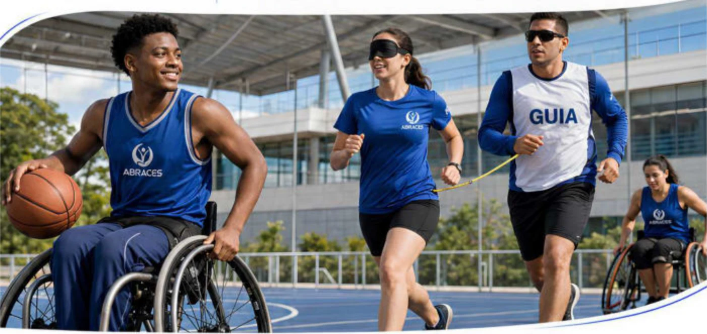 Esporte paralímpico com atleta em cadeira de rodas, corredora com deficiência visual e guia