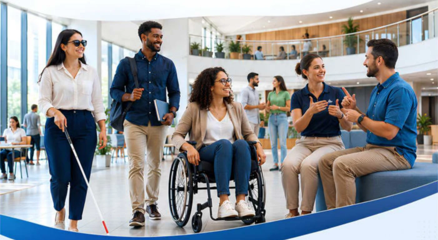 Pessoas com deficiência visual, usuário de cadeira de rodas e acompanhantes em espaço de convivência, conforme apresentação institucional da ABRACES