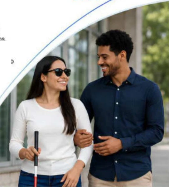 Imagem institucional de uma mulher com bengala e um acompanhante sorrindo