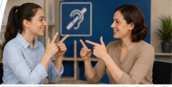 Duas mulheres se comunicando em língua de sinais, em imagem da apresentação
